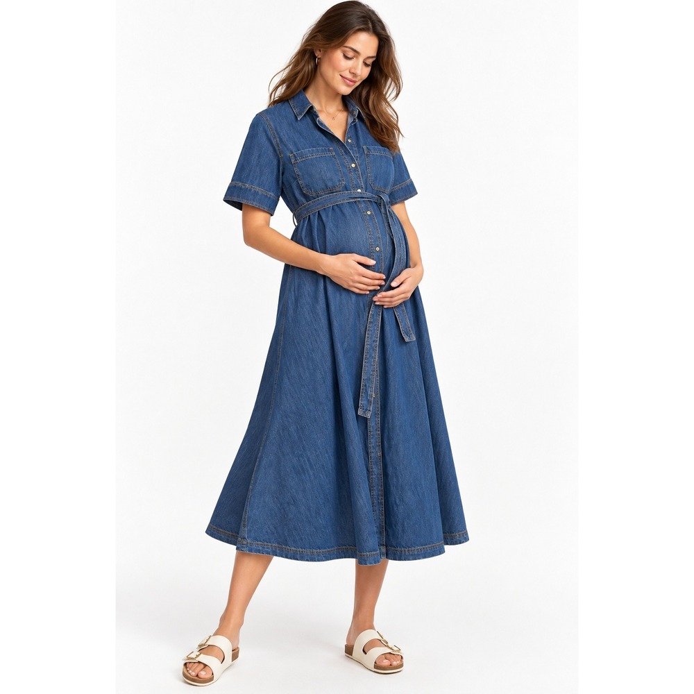 HM MAMA Before & After Denim Dress Blue Maternity Nursing Midi Size M NWT